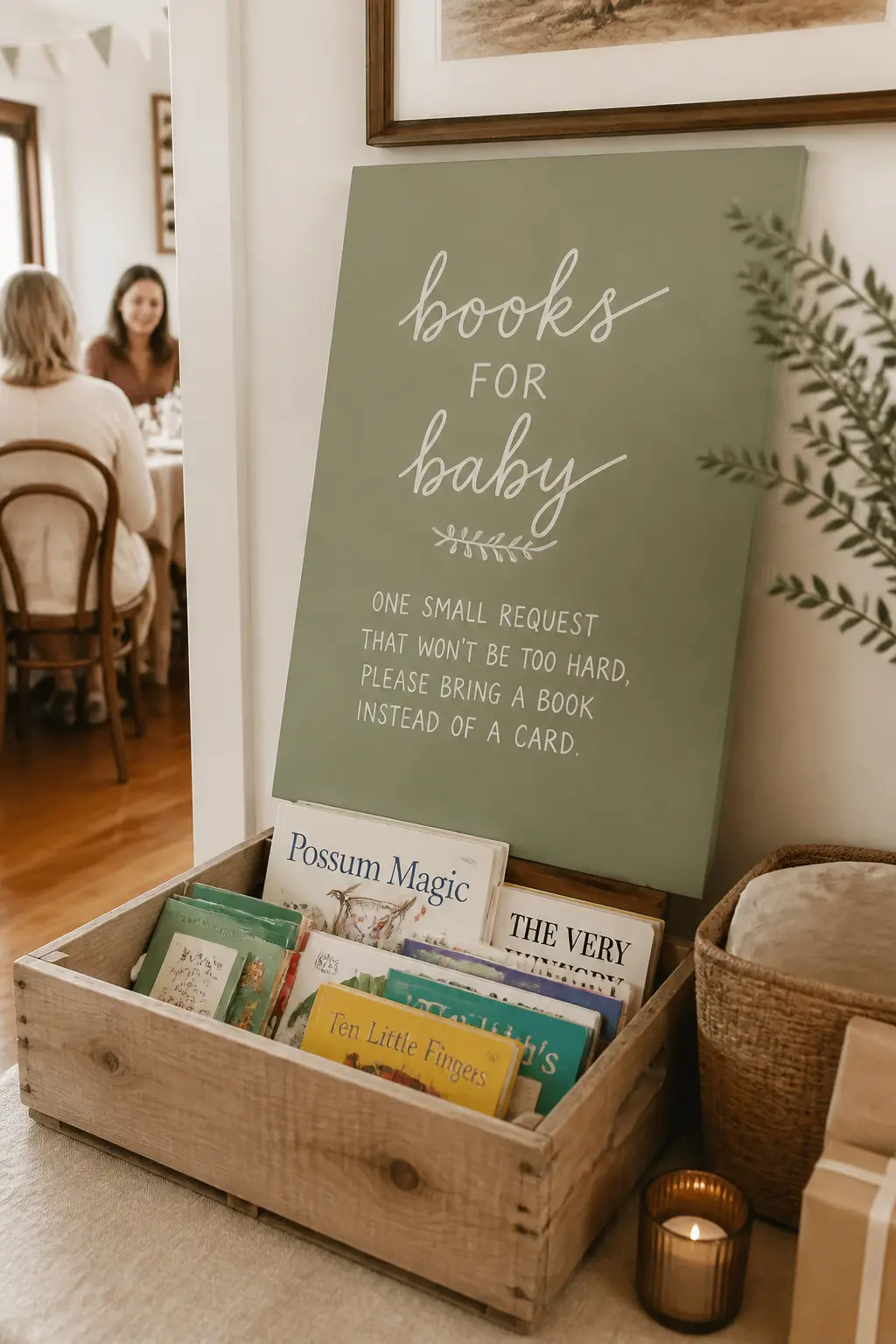 The Mounted Panel Sign — A piece of thin plywood or an MDF panel, roughly A3 size, painted sage green and lettered in white, leans against the wall directly