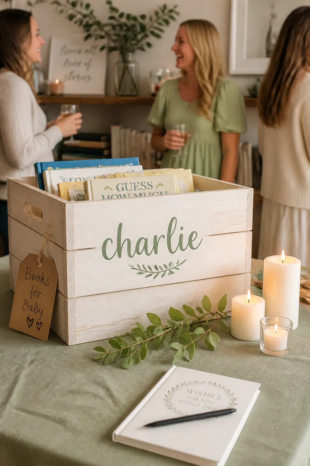 The Named Timber Crate — A timber crate with the baby's name painted or stencilled on the front front changes the container from a prop into a keepsake. Bring
