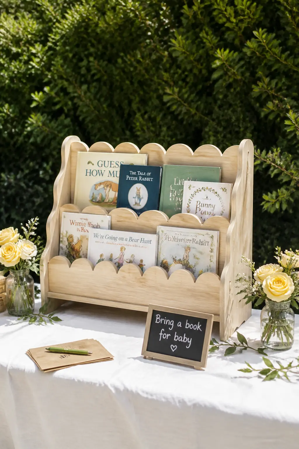 The Scallop-Edge Display Shelf — A small children's bookshelf with a scalloped front edge turns the book collection into a display as it fills up. Bring a book