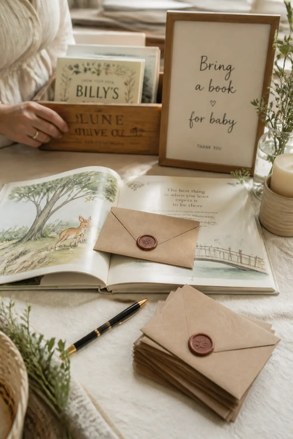 The Sealed Inscription Envelope — Set out a stack of small envelopes beside the pen and a card that reads: "Write a note for baby to open when she turns