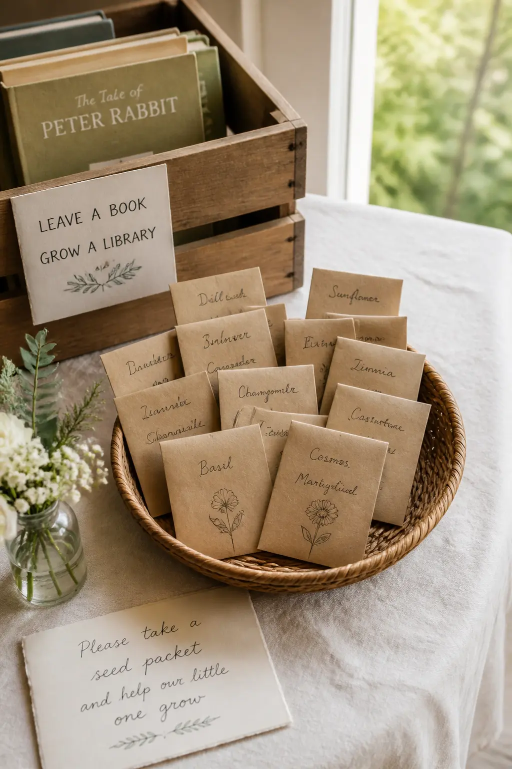 The Single Seed Packet — A seed packet in a kraft envelope with a handwritten label is a favour that has a second life. Bring a book baby shower ideas