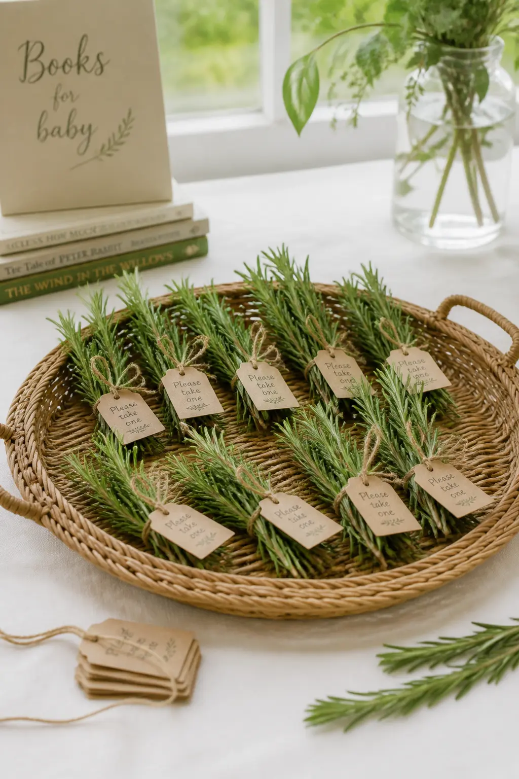 The Tied Herb Bundle — A small bundle of fresh rosemary or thyme tied with a piece of linen string is the quickest favour to prepare and the most forgiving if