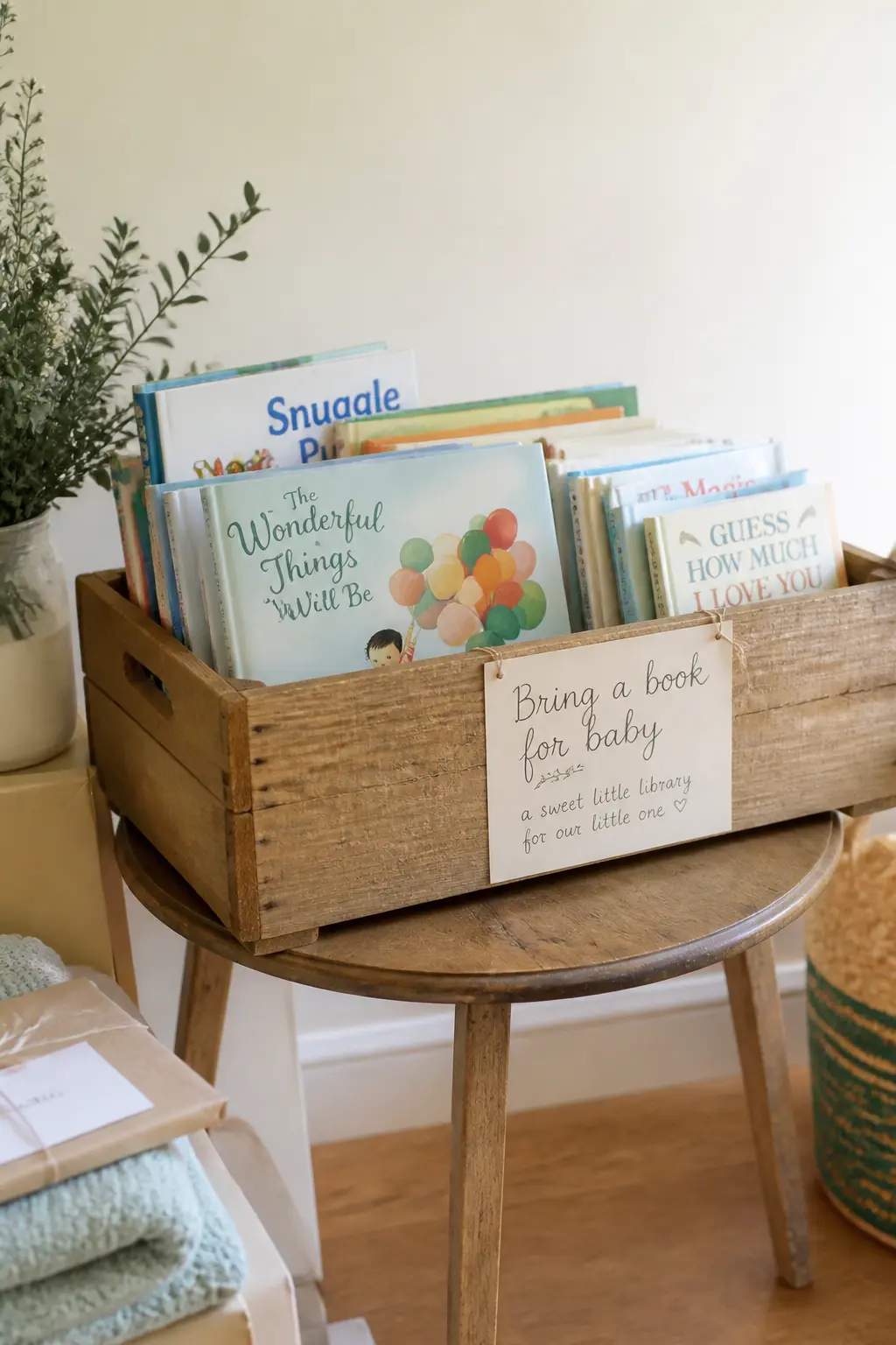 The Timber Crate at Hip Height — A wooden slatted crate on top of a side table puts the opening at exactly the height where a guest can drop a book one-handed