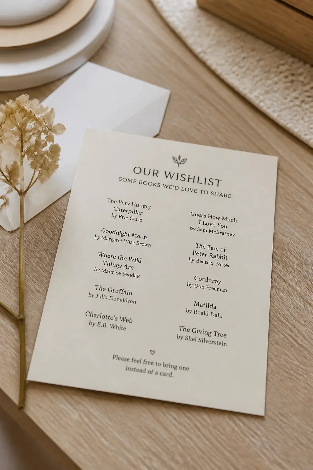 The Wishlist Insert Card — A small insert card tucked inside the envelope carries a short book wishlist, grouped by type: bedtime, first words, classics. Bring
