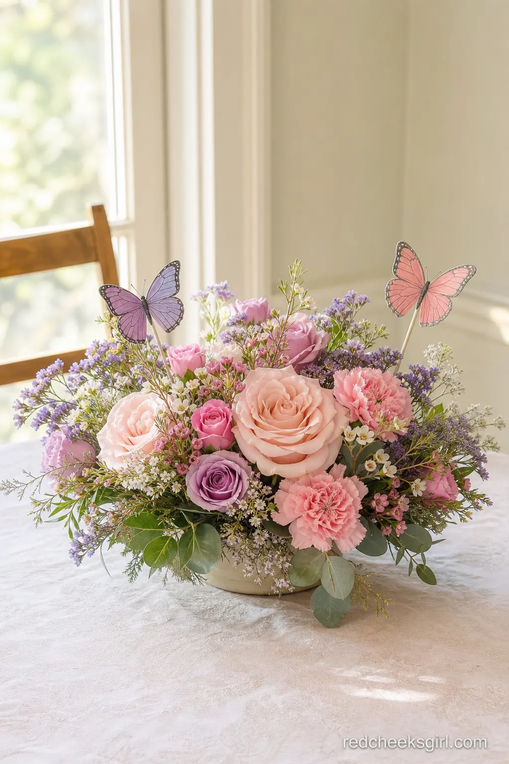 Blush and Lavender Floral Centerpiece with Butterfly Picks — A low centerpiece keeps sightlines open across the table, which matters more than it sounds like