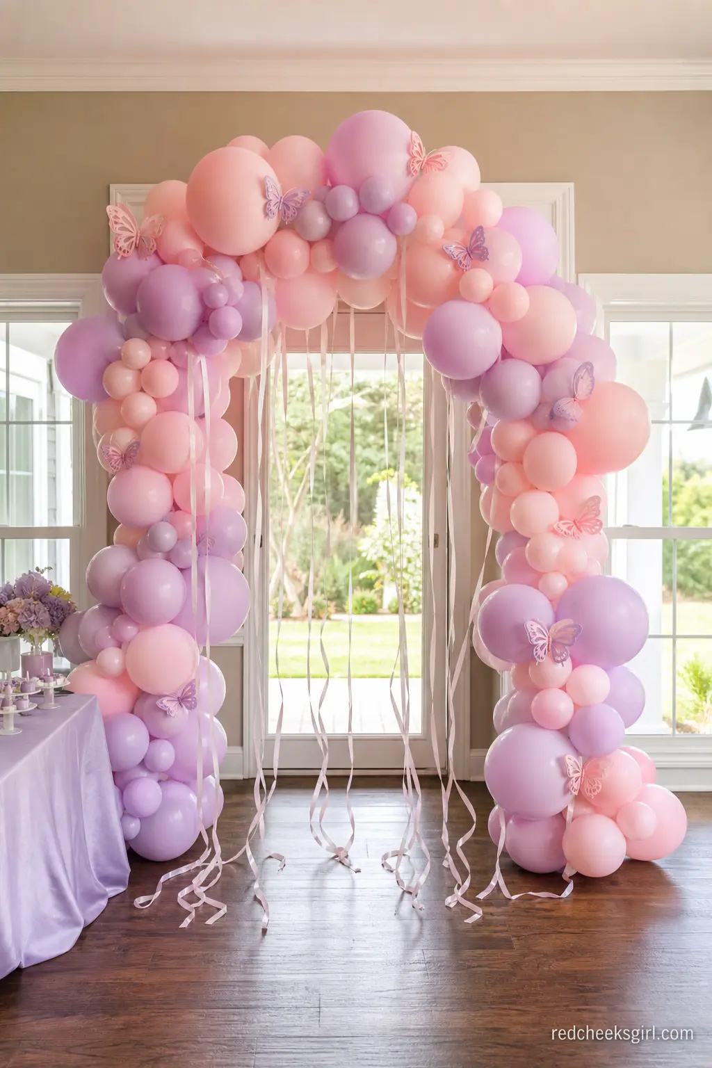 Blush and Lilac Balloon Arch — An organic balloon arch over the entry door does more theme-building per dollar than almost anything else on this list, because