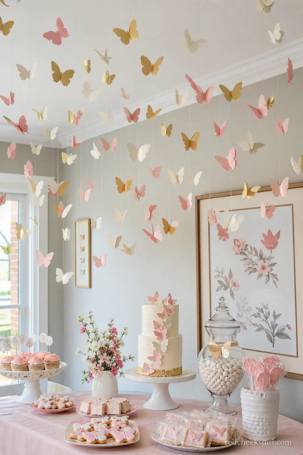 Ceiling Cascade of Paper Butterflies Over the Dessert Table — Suspending dozens of small paper butterflies at different heights above the dessert table turns a