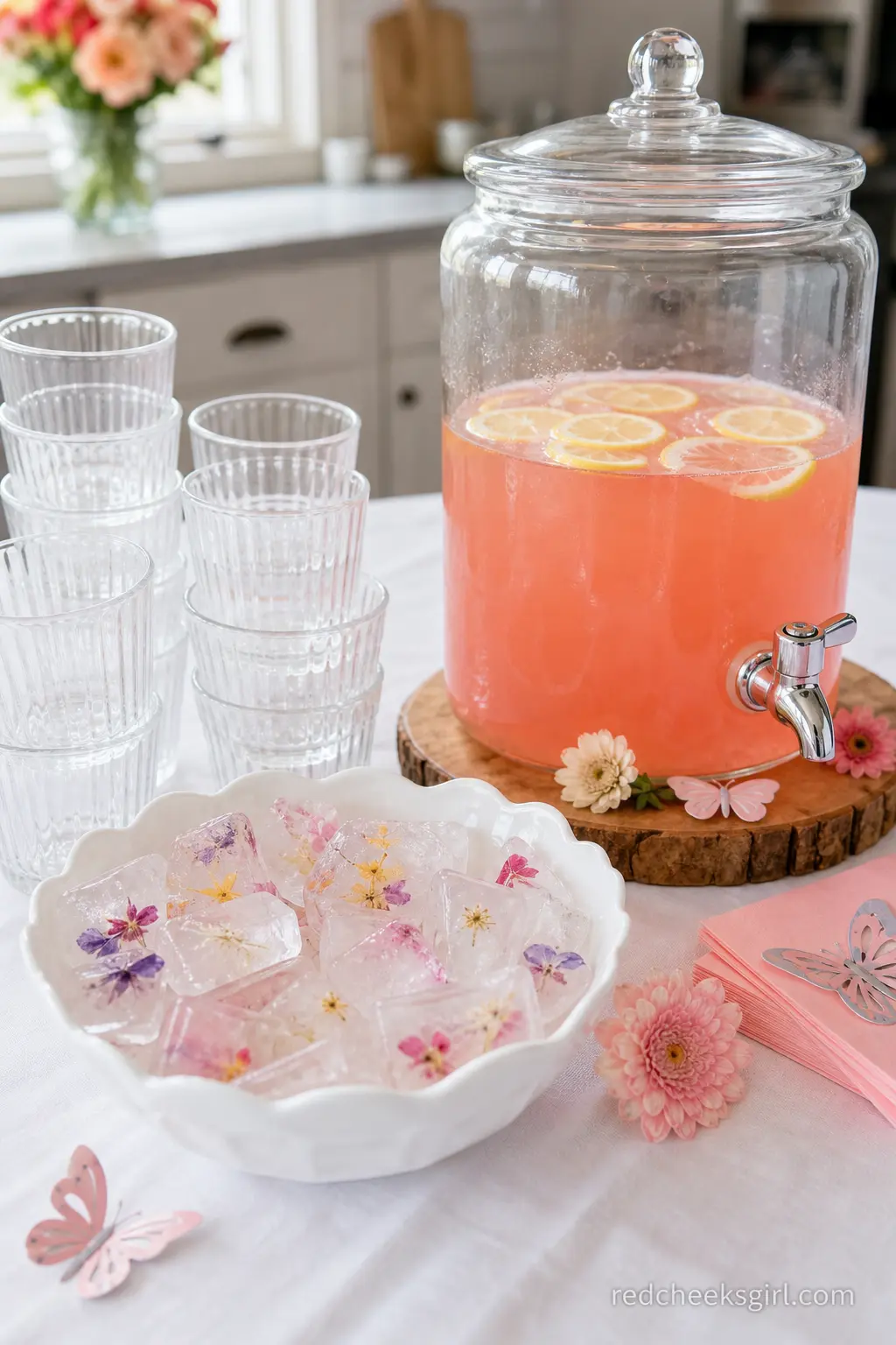 Coral Pink Lemonade Bar with Butterfly Ice Cubes — A dispenser of coral pink lemonade next to a bowl of ice cubes with tiny pressed edible flowers frozen