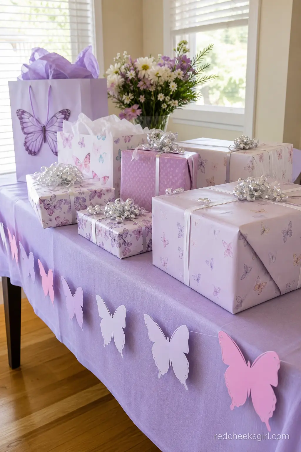 Gift Table Styled with Lilac Wrapping and Butterfly Garland — A gift table gets forgotten in most planning because it is just where presents land, but a lilac