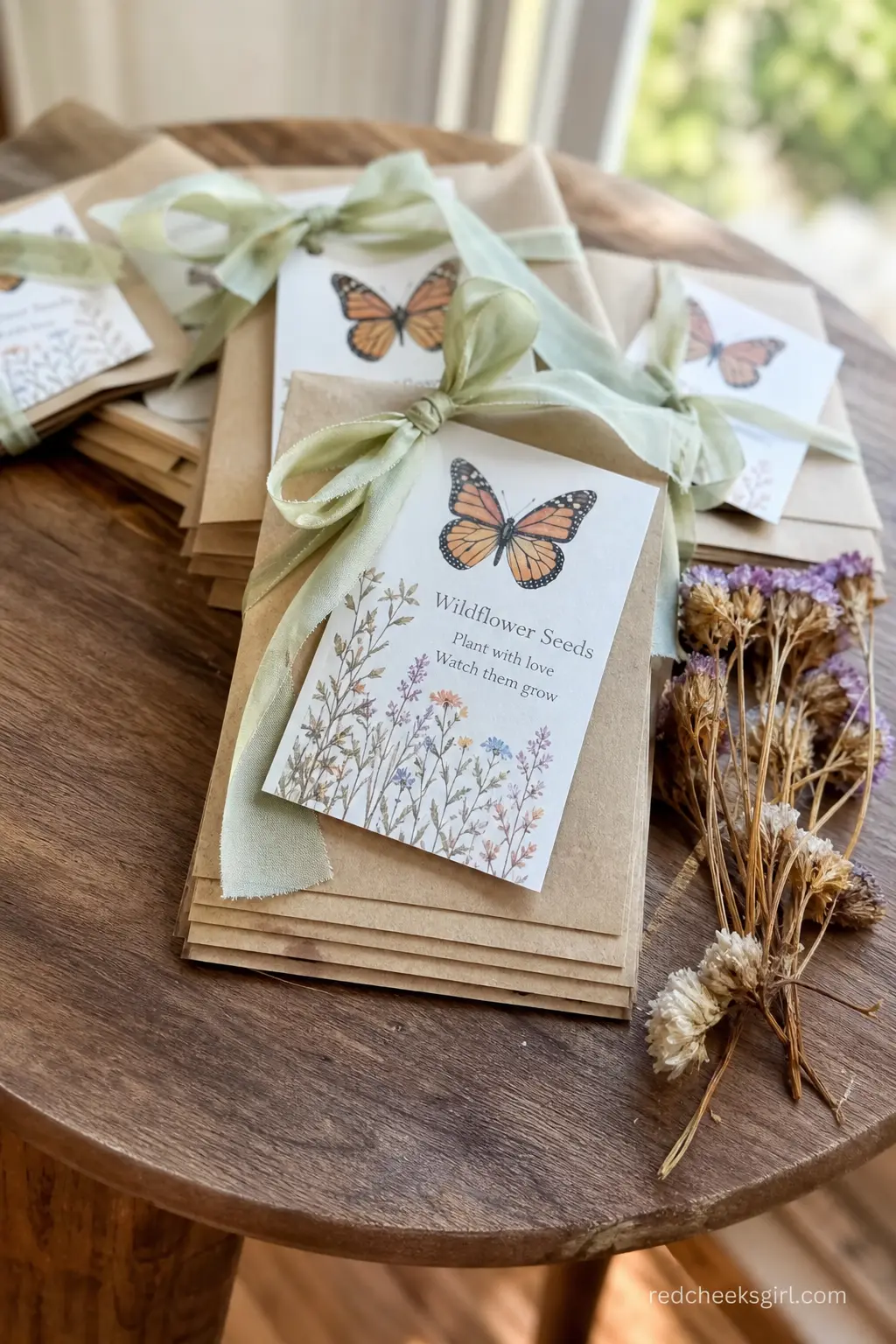 Kraft Wildflower Seed Packet Favor Table — A small stack of kraft paper seed packets, each tied with sage ribbon and a printed butterfly tag, keeps the favor
