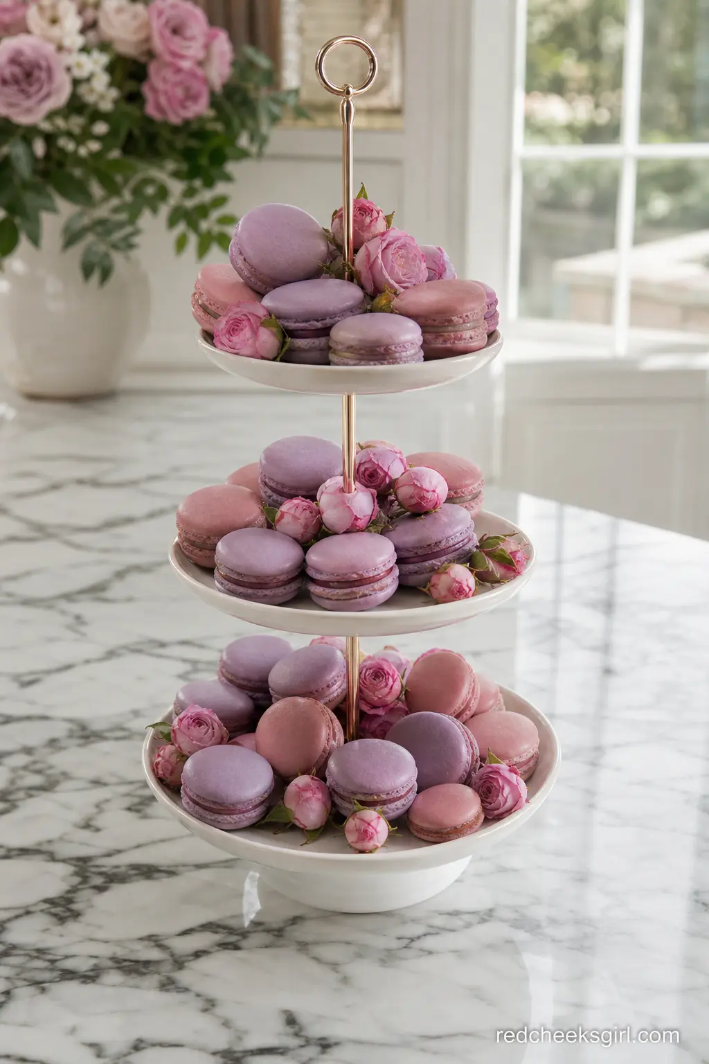 Lavender Rose Macaron Stand — Macarons in lavender and dusty rose, arranged on a slim tiered stand with a few fresh rosebuds tucked between the shells, look