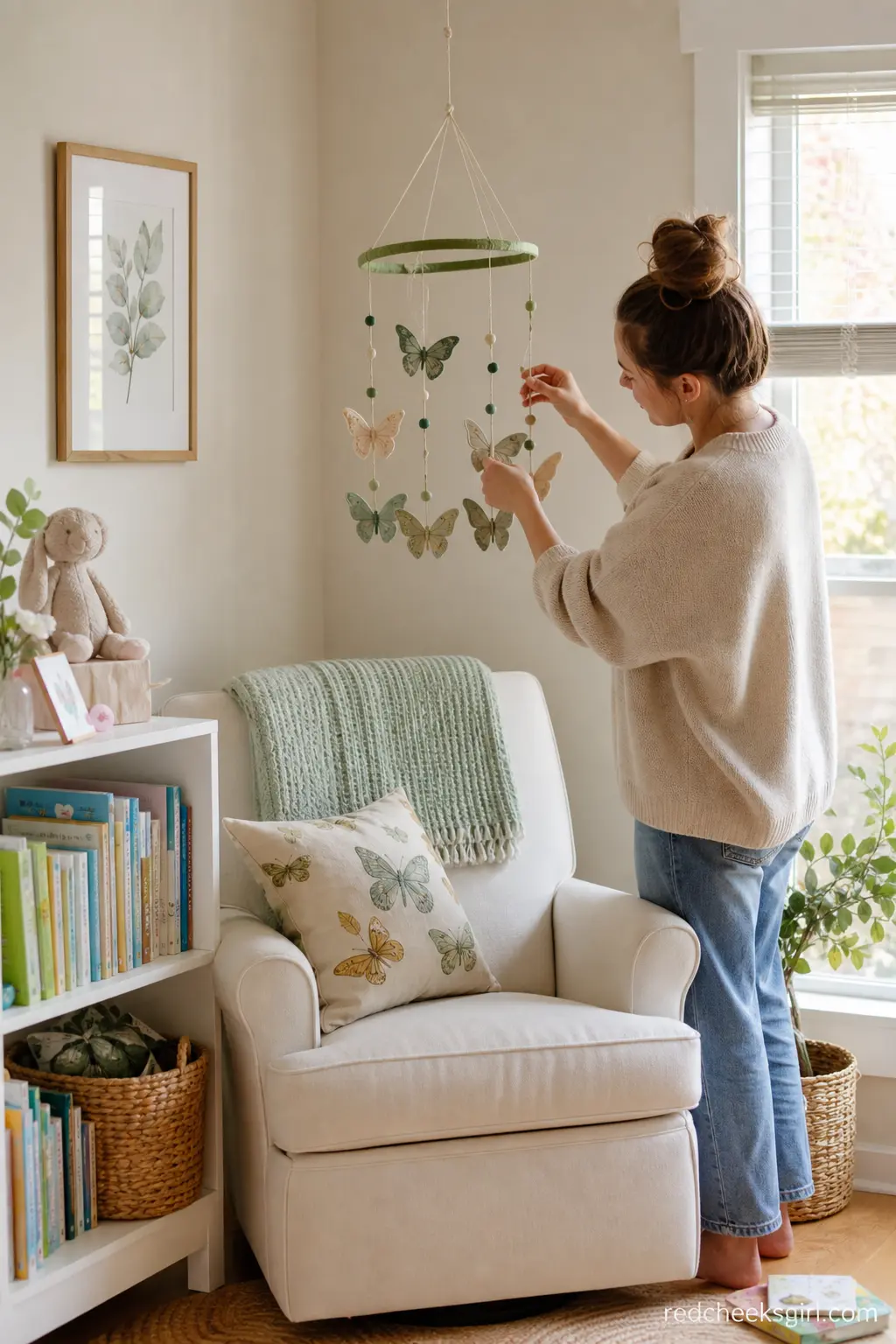 Nursery-Corner Reading Nook with Butterfly Mobile — If the shower is at the parents' own home, a small styled corner with a soft chair, a stack of children's