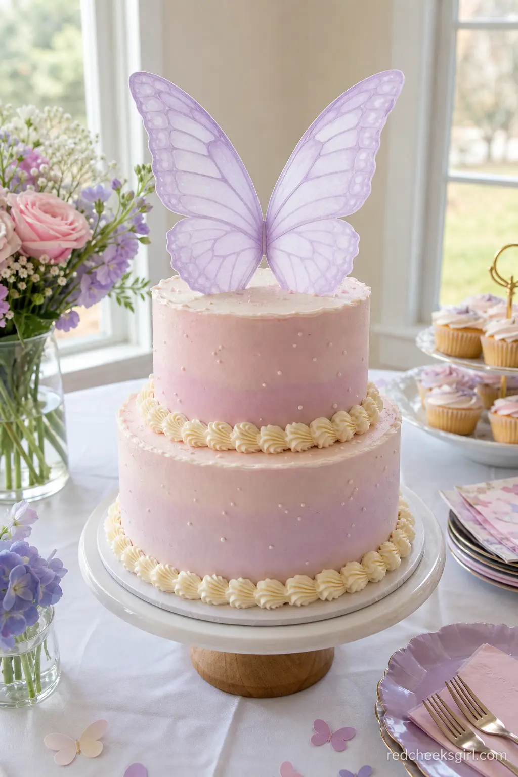 Pastel Butterfly Wing Cake — A two-tier cake in soft pink and lilac buttercream with a pair of oversized edible wafer-paper wings rising from the top tier is