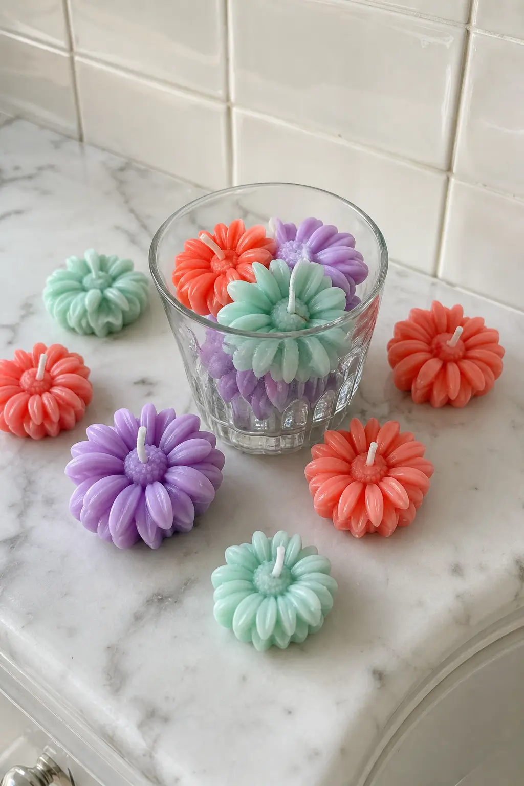 Confetti Bloom Co. — Small mixed daisies in coral, lilac and mint, poured from the same paraffin pillar blend in three separate batches so each colour stays