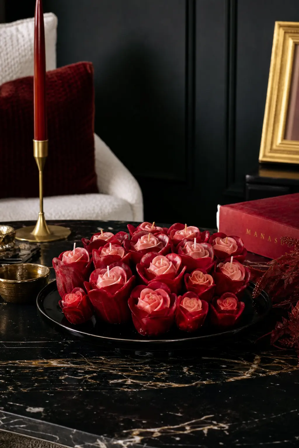Ember & Rose — Rosebud candles in deep red with a blush centre petal, poured tighter and smaller than a full open rose so a dozen fit into one compact bouquet.