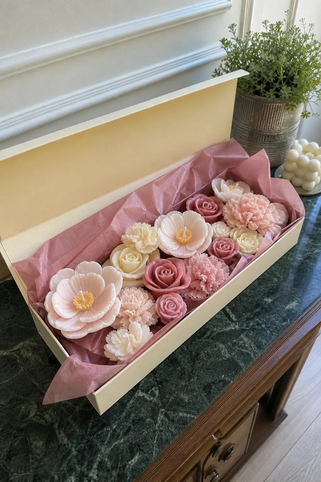 The Letterbox Bouquet — Flat, low-profile candles shaped like open blooms, poured shallow so the whole bouquet fits inside a slim box that slides through a
