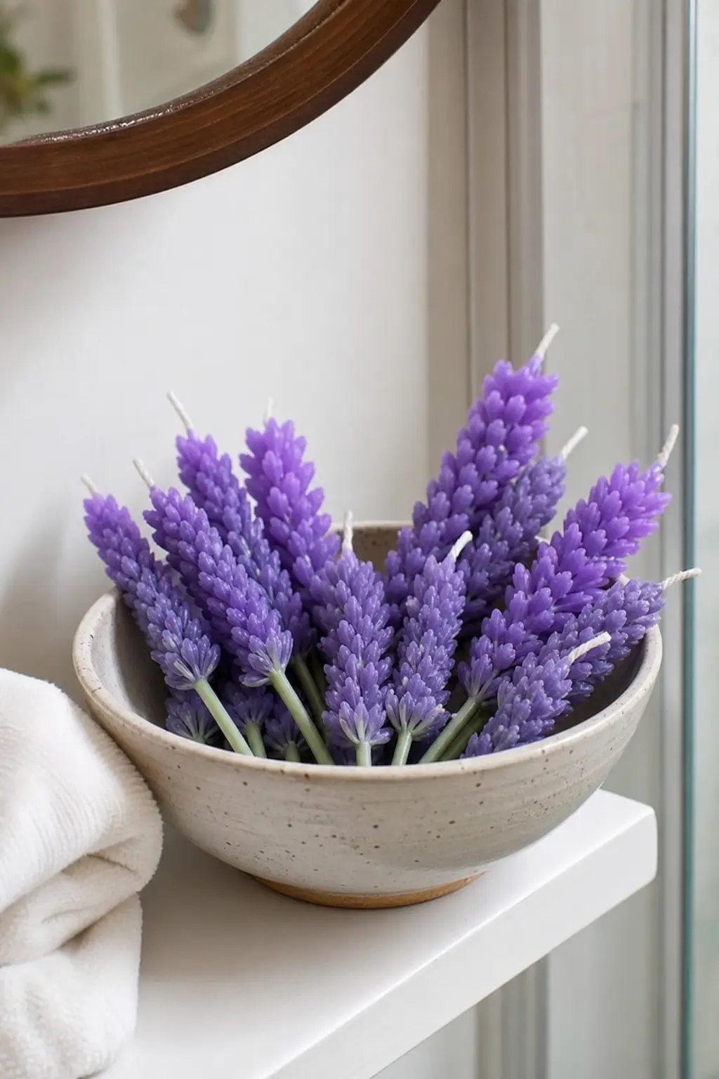 Little Lavender Fields — Small lavender sprig candles in dusty purple, poured in a long thin mould rather than a bloom shape, so the finished piece reads more