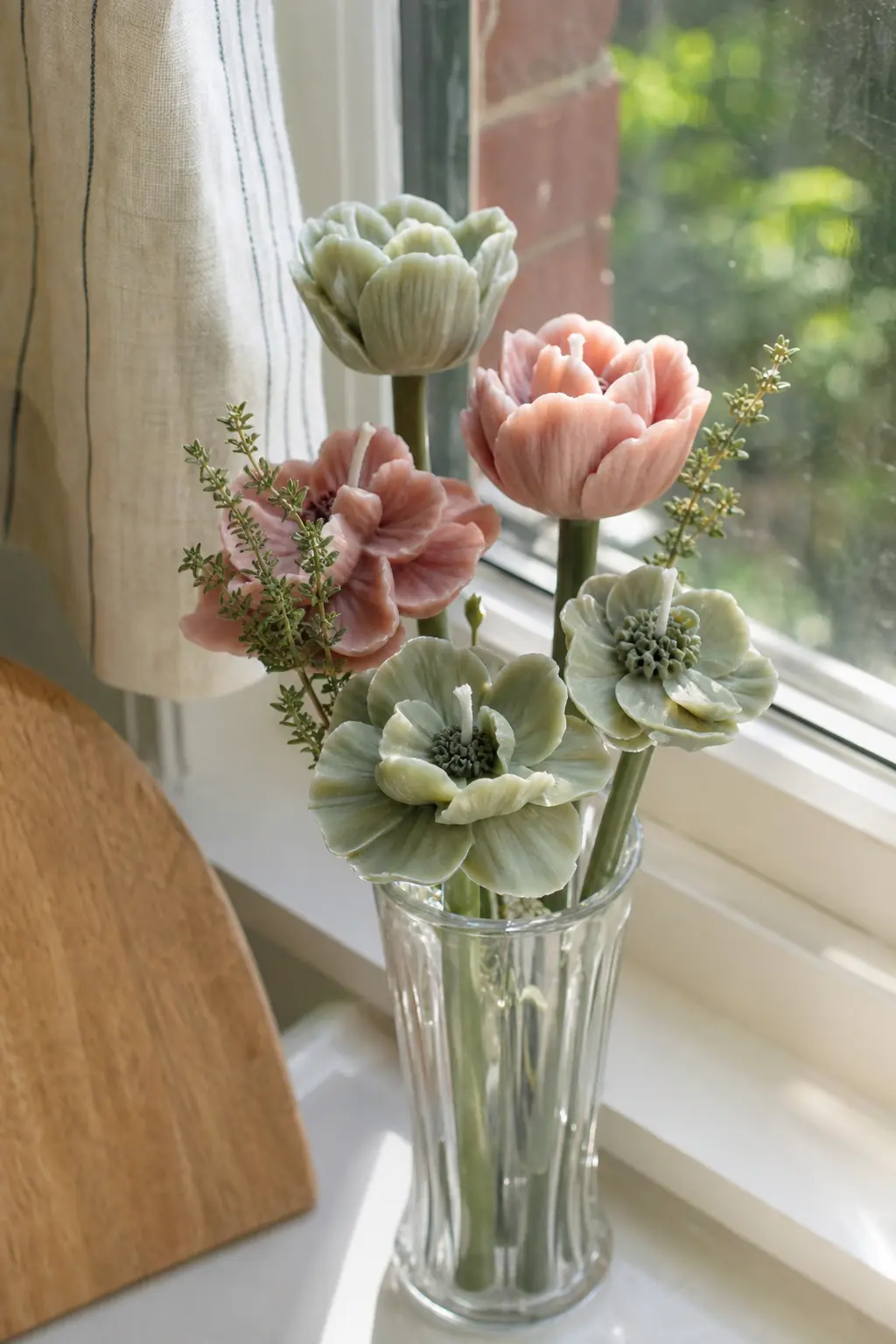 Petal & Thyme — Anemone-shaped candles in dusty rose with a sage green centre poured separately and set by hand before the petals cool, which keeps the two