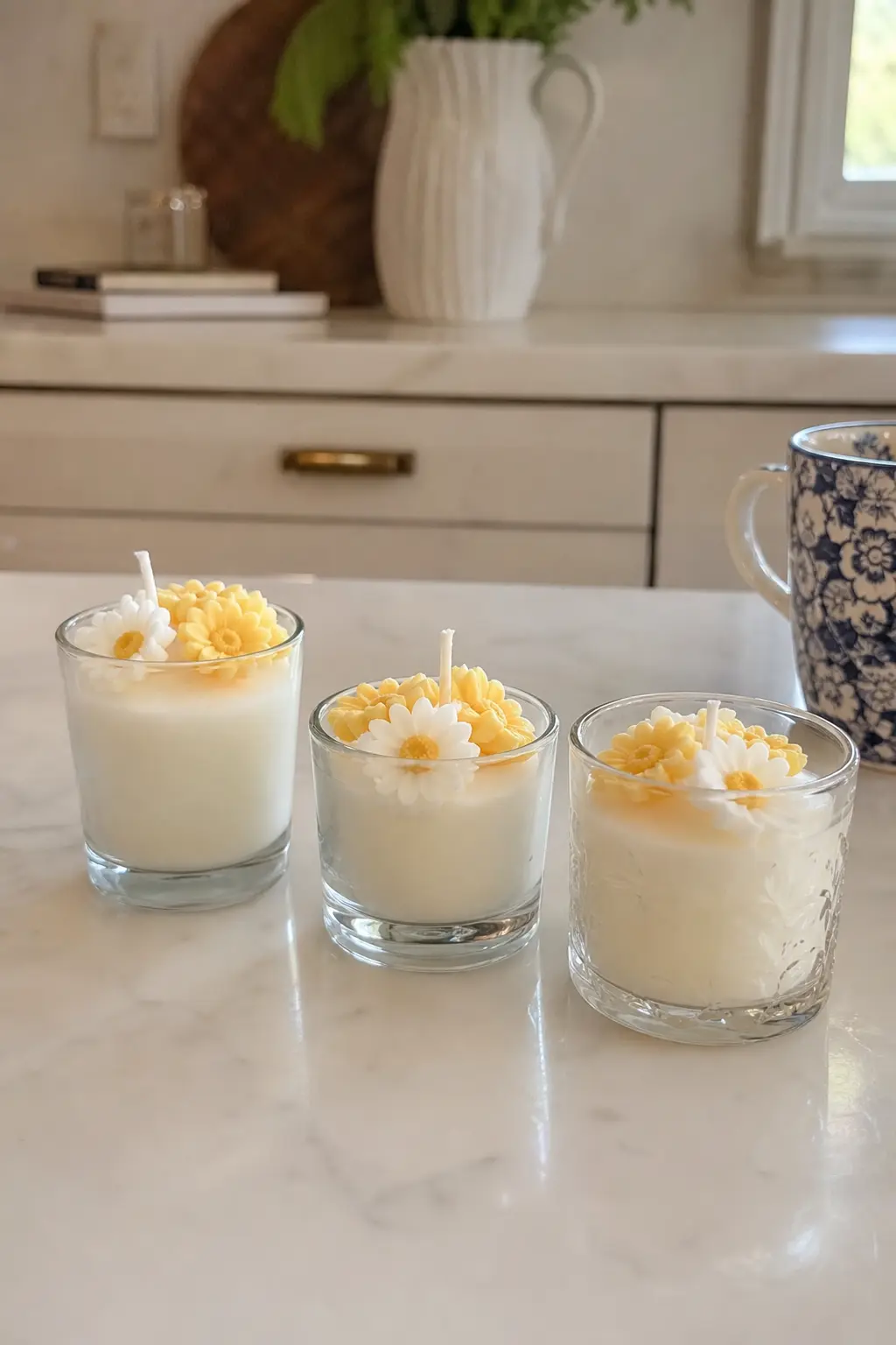 Tiny Posy Trio — Three tiny daisy candles, each in its own small glass, buttery yellow and white so they sit somewhere between a bouquet and a set of place