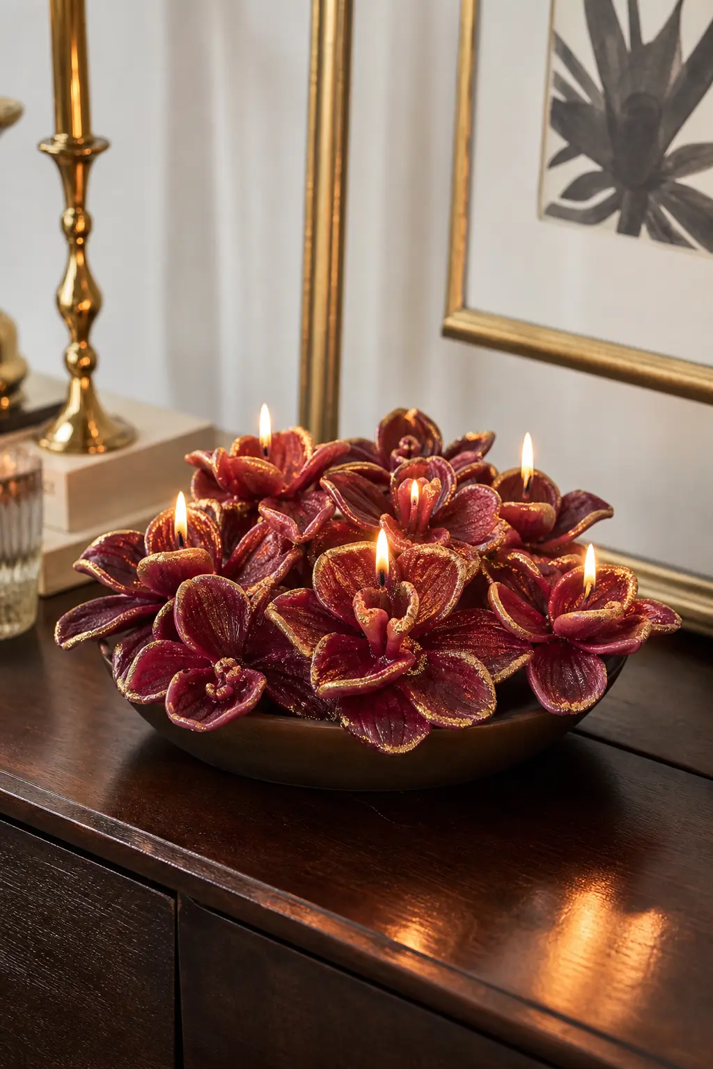 Velvet Anniversary Bouquet — Orchid-shaped candles in deep wine, each petal dusted lightly with edible-safe gold mica once demoulded, so the shine sits on the