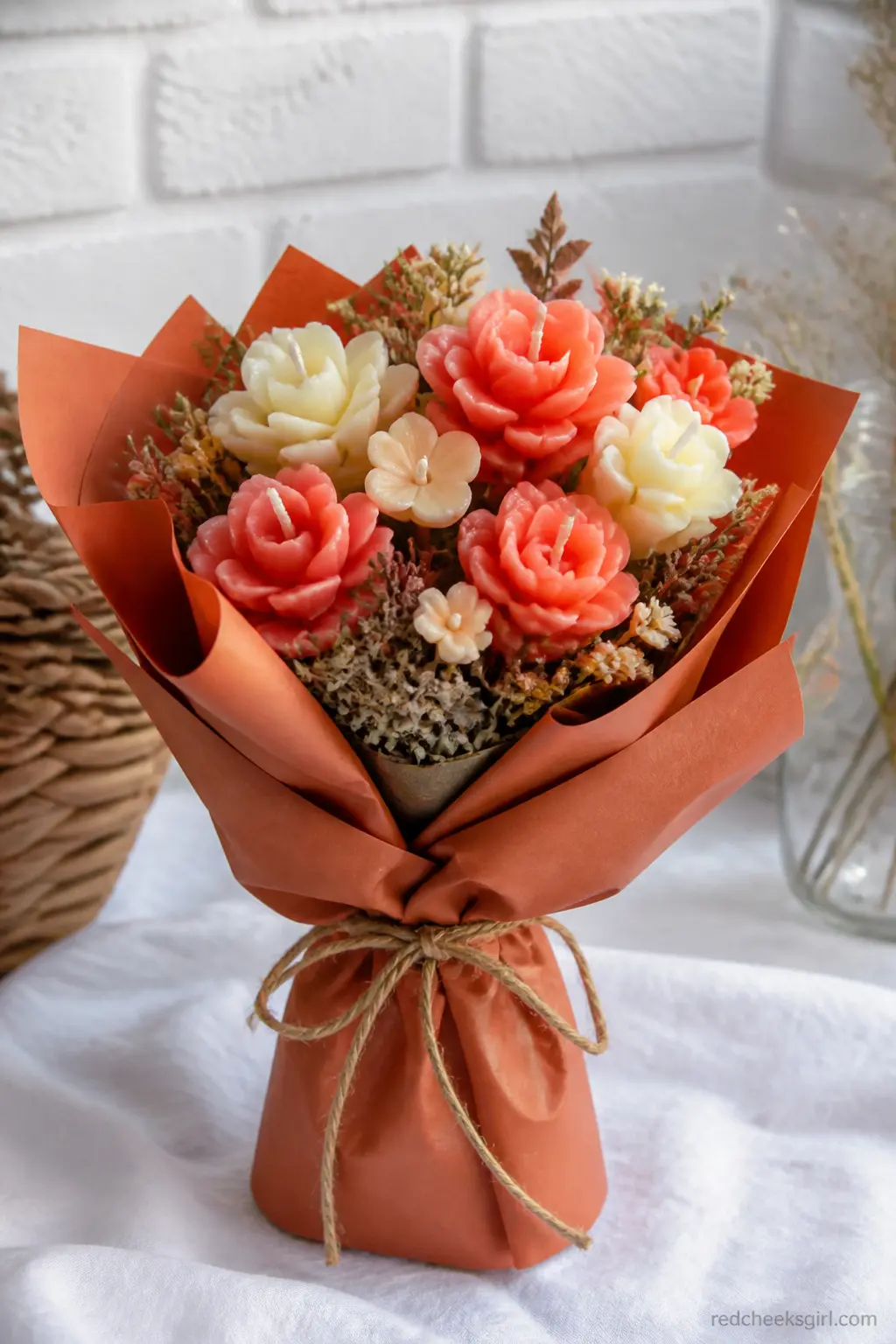 Wrapped in Paper — Mixed small wildflower candles in coral and cream, wrapped the way a florist wraps a bouquet: rust-coloured paper, twine, no vase needed