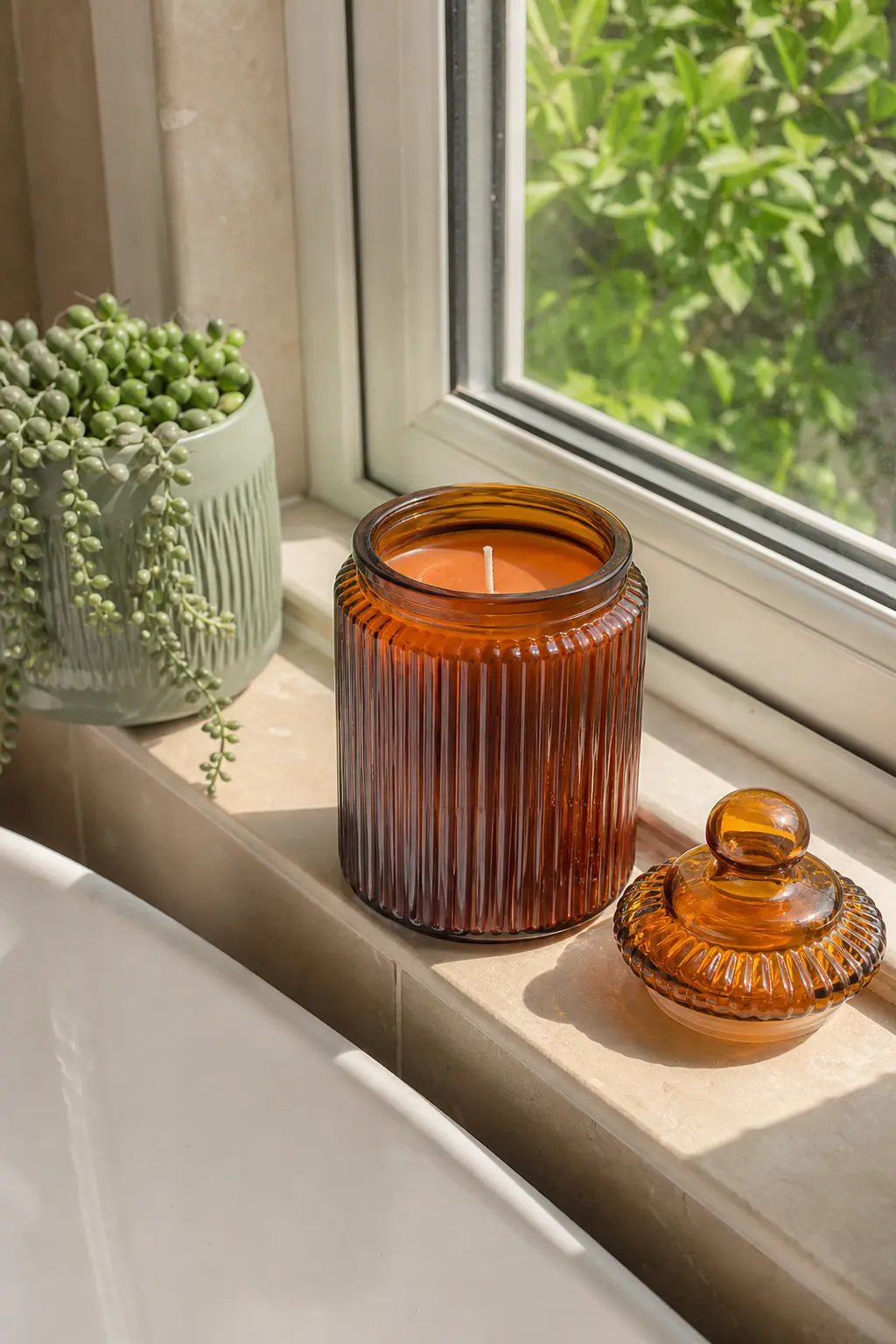 Amber Apothecary Jar Candle — An amber ribbed apothecary jar with its glass stopper set aside during burning suits a sandalwood and bergamot candle that