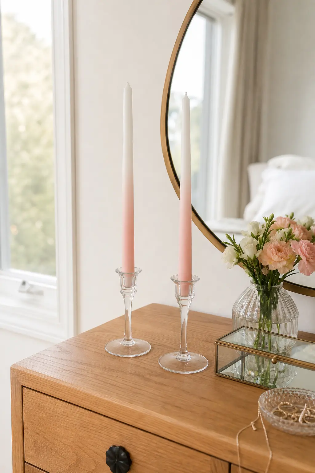Blush Ombre Dipped Taper — A taper dipped white at the tip and blush at the base, blended gradually between dips, brings a soft ombre effect to a shape that is