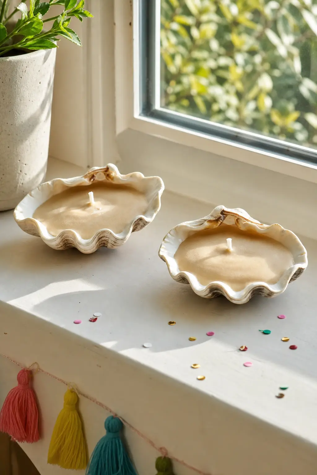 Clam Shell Votive Duo — A pair of clam shells filled with a sandy beige wax makes a small, unfussy votive set that sits well on a windowsill without needing a