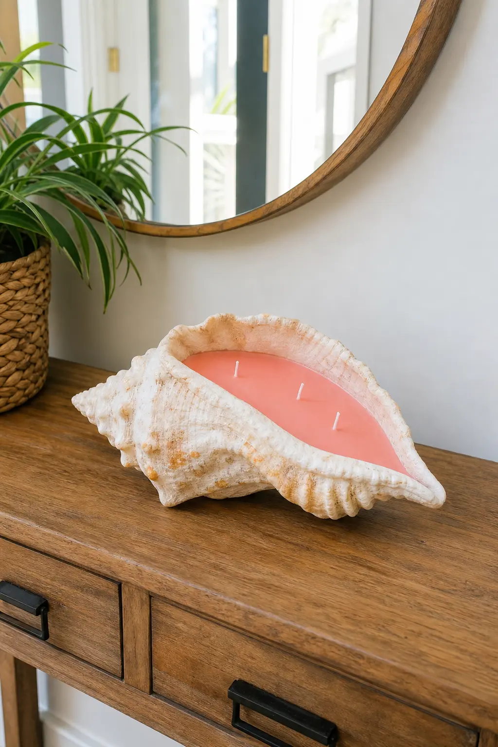 Conch Shell Candle — A large conch shell filled with a coral blush candle, poured deep into the spiral opening, is the most dramatic of the shell candles and