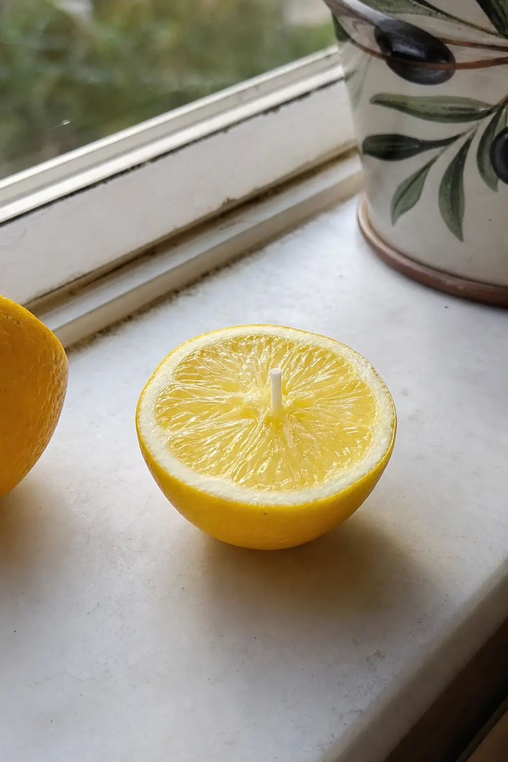 Cut Lemon Half Candle — A lemon half candle, bright yellow rind with a paler two-tone pour for the pith and flesh, sits well on a kitchen windowsill where the