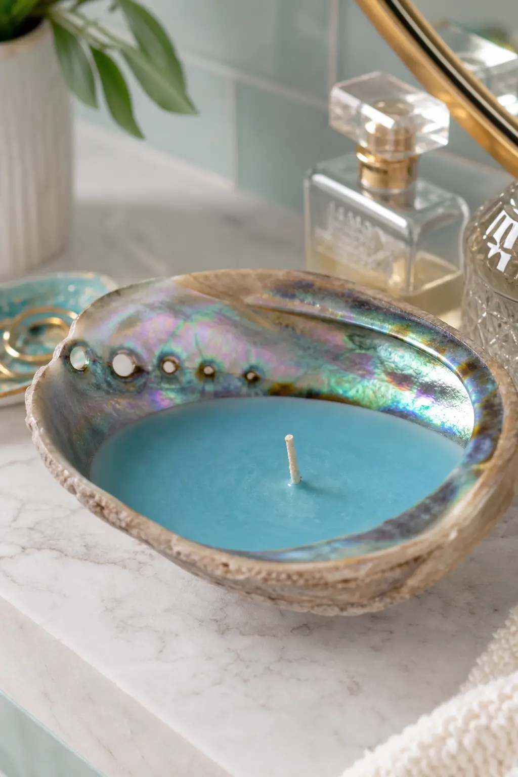 Iridescent Abalone Shell Candle — An abalone shell holds only a shallow pool of wax, but the teal blue colour against the shell's natural iridescence is worth