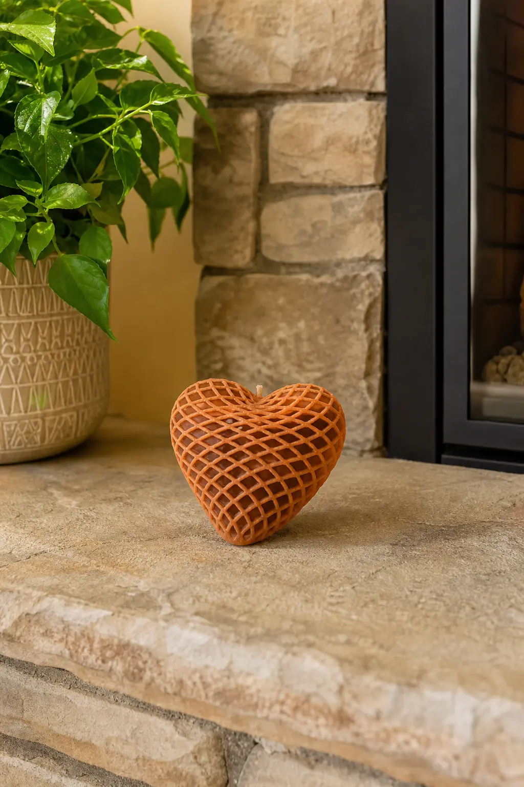 Netted Heart Candle — A netted heart shape in terracotta and rust, the texture like a raspberry's surface, sits well on a stone hearth where its warm colour
