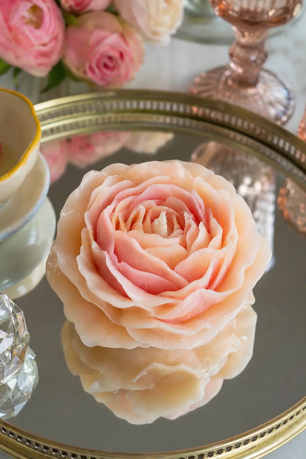 Rose Bloom Candle — A blush and peach rose bloom candle, petals layered in fine mould detail, suits a vanity tray in front of a mirror where the reflection