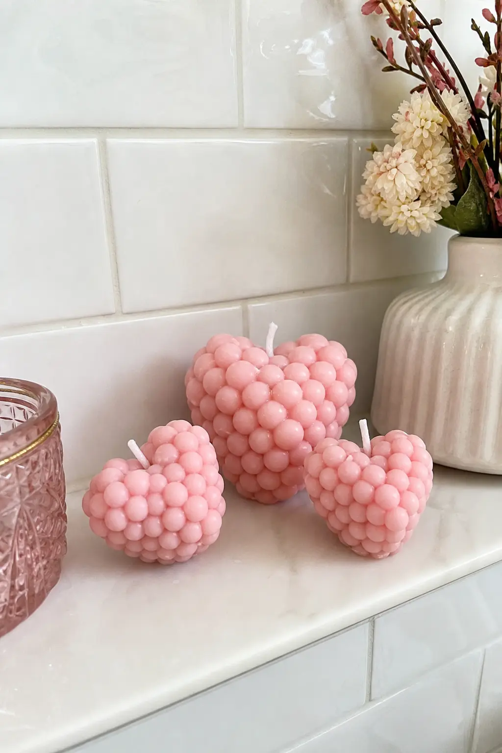 Small Bubble Heart Trio — Three small bubble hearts in blush pink cluster nicely on a bathroom shelf, with a soft rose quartz floral fragrance that suits a