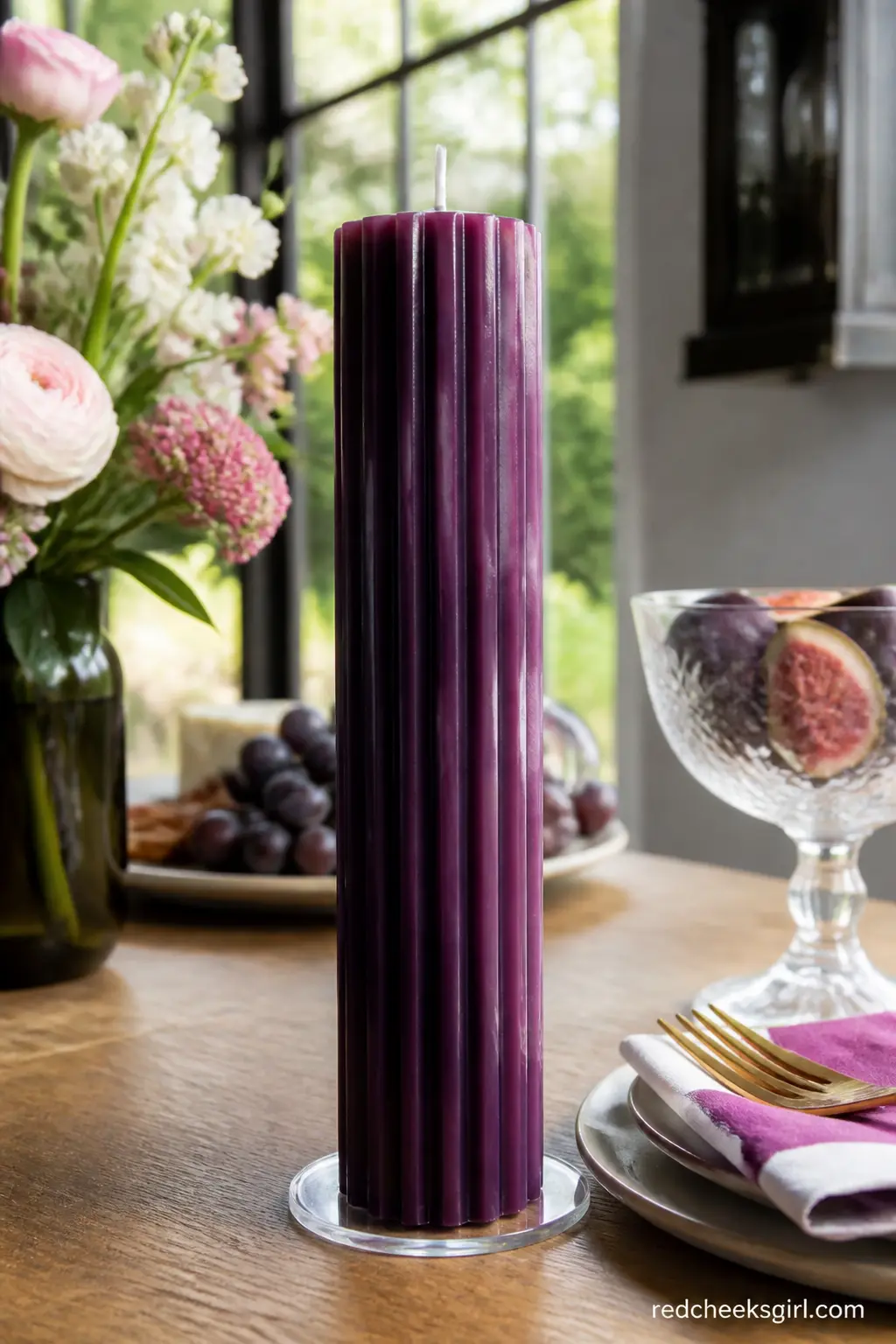 Tall Fluted Column Pillar — A genuinely tall fluted column, deep plum and structural enough to stand alone on a plinth by a doorway, needs a firmer wax than