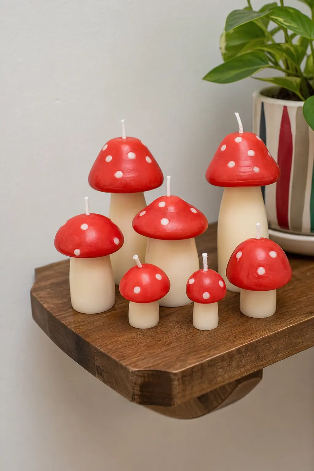 Whimsical Mushroom Cluster Candle — A cluster of small toadstool candles, red caps over cream stems poured in two stages, sits on a floating shelf and