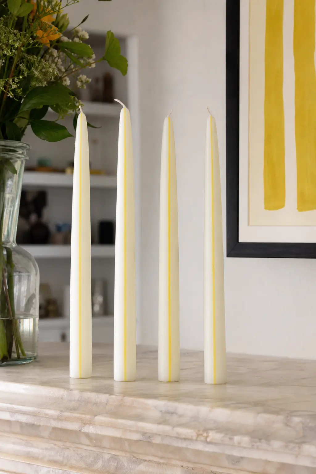 Butter Yellow Pinstripe Taper Set — Base candle: a set of four white taper candles. Candle painting ideas
