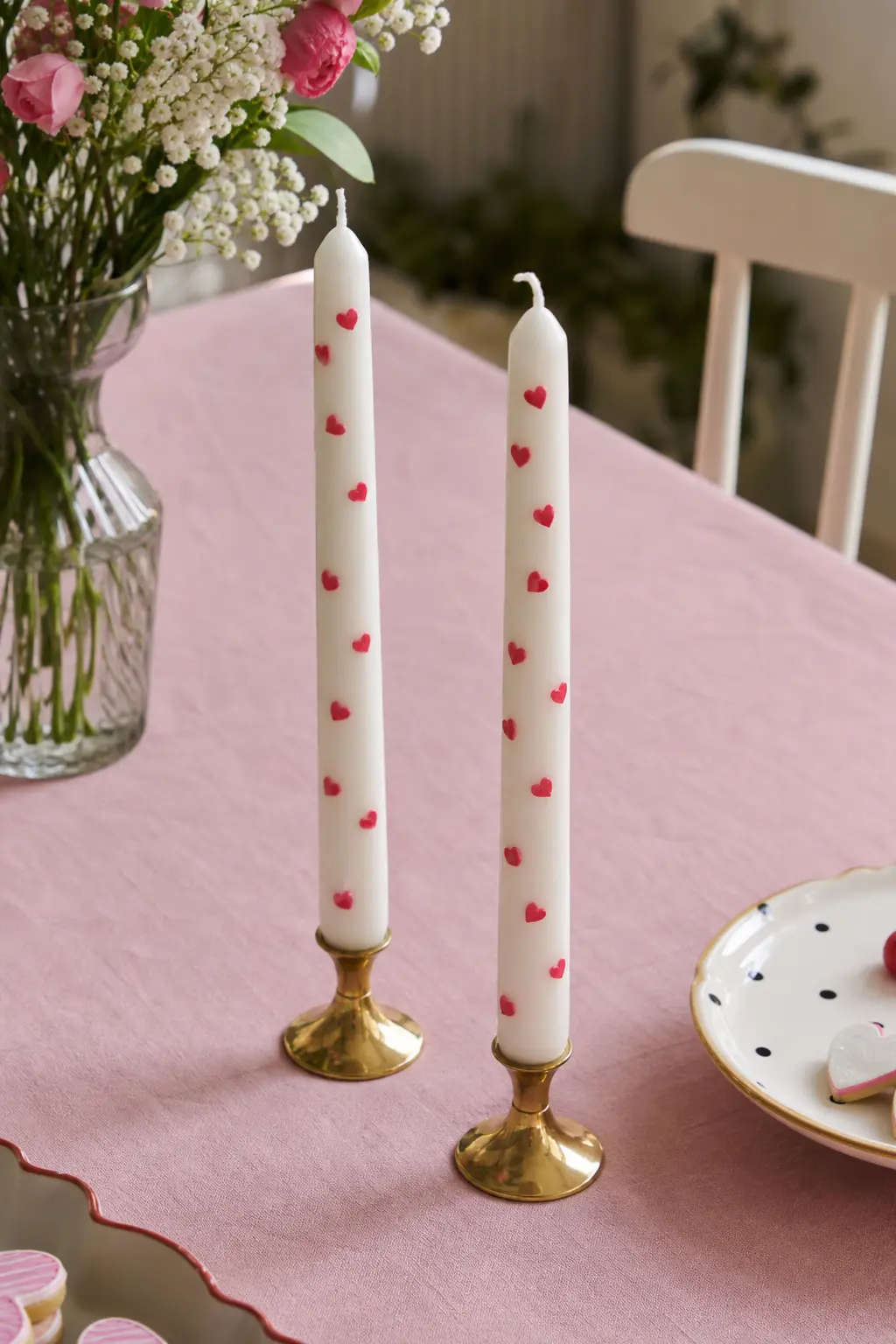 Candy Heart Taper Pair — Base candle: two white taper candles. Candle painting ideas