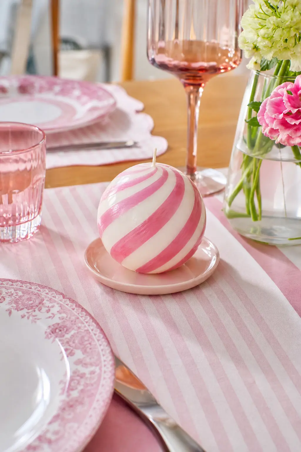 Candy Stripe Ball Candle — Base candle: a round white ball candle. Candle painting ideas