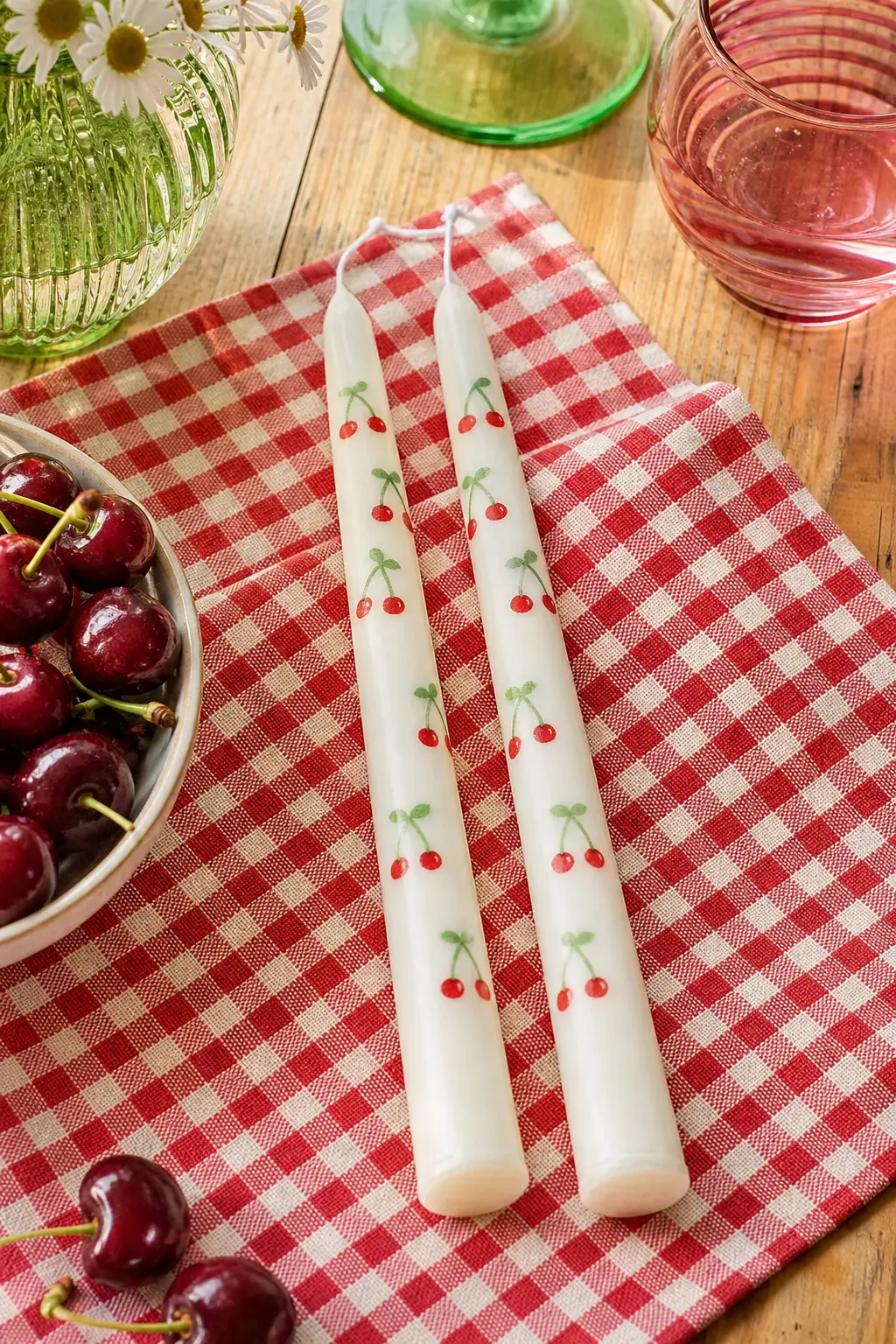 Cherry Orchard Taper Duo — Base candle: two white taper candles. Candle painting ideas