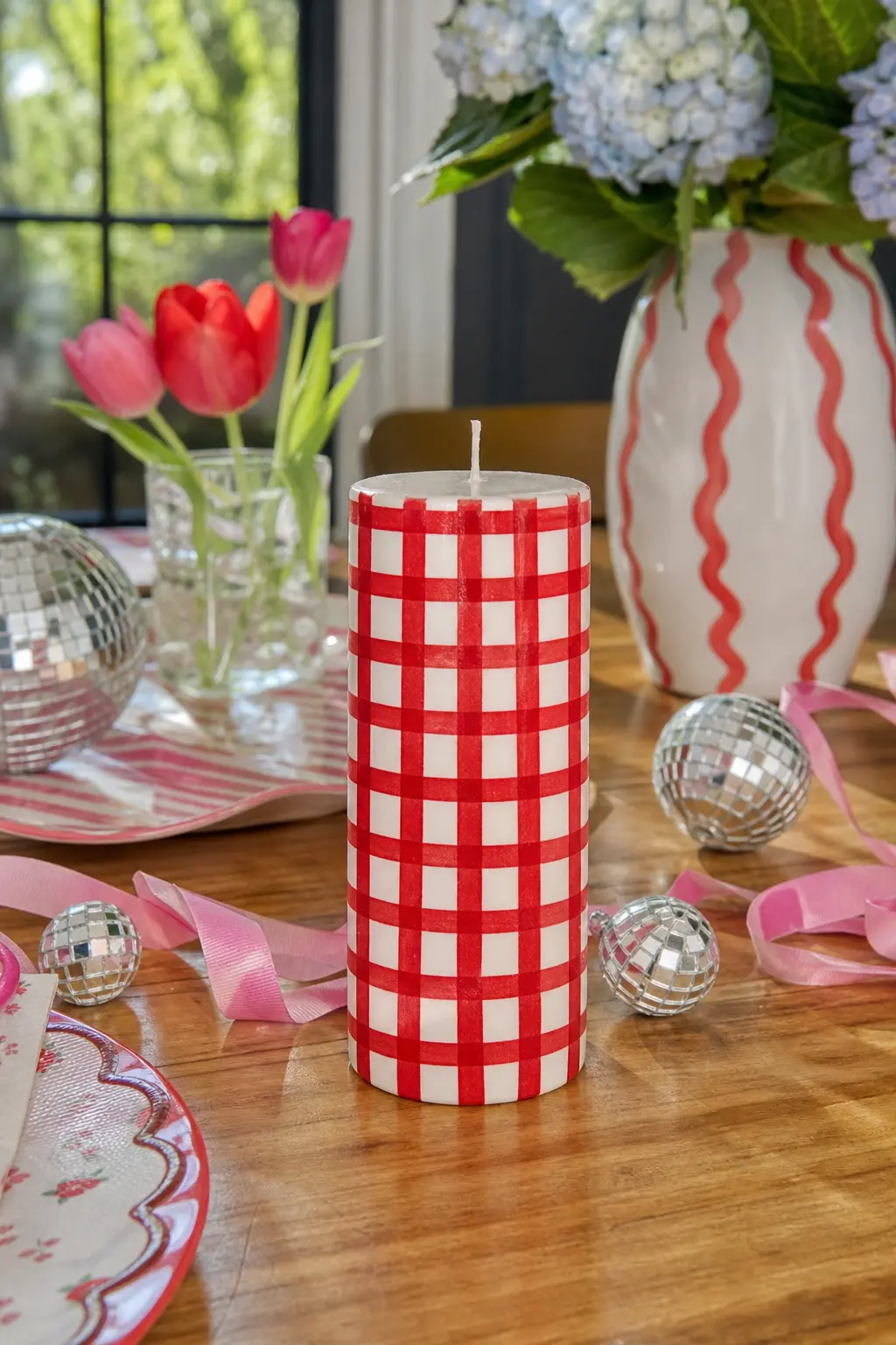 Cherry Red Gingham Pillar — Base candle: one white pillar candle, wide enough for a clear grid. Candle painting ideas