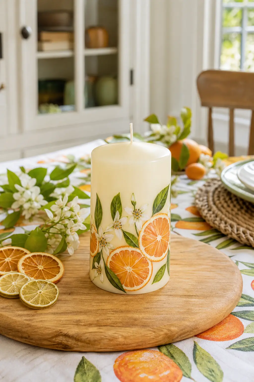 Citrus Grove Pillar — Base candle: one ivory pillar candle, wide enough for a full orange slice motif. Candle painting ideas