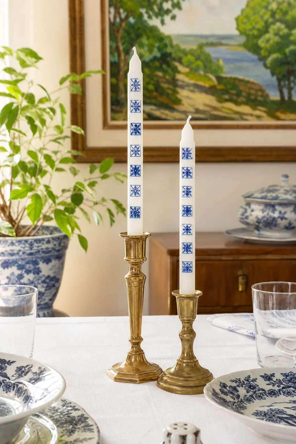 Delft Tile Taper Pair — Base candle: two white taper candles. Candle painting ideas