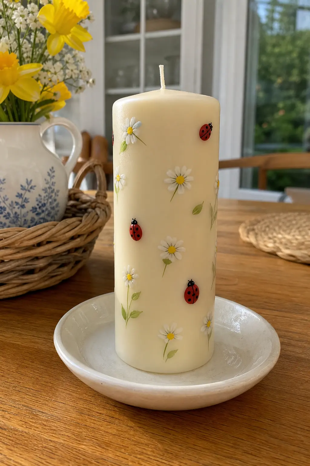 Ladybird Meadow Pillar — Base candle: one ivory pillar candle. Candle painting ideas