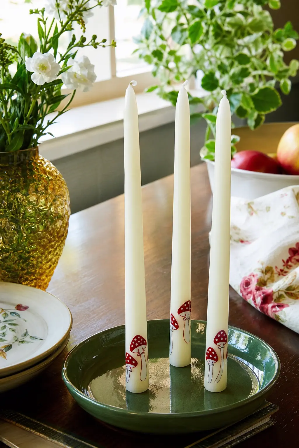 Mushroom Forage Taper Set — Base candle: a set of three ivory taper candles. Candle painting ideas