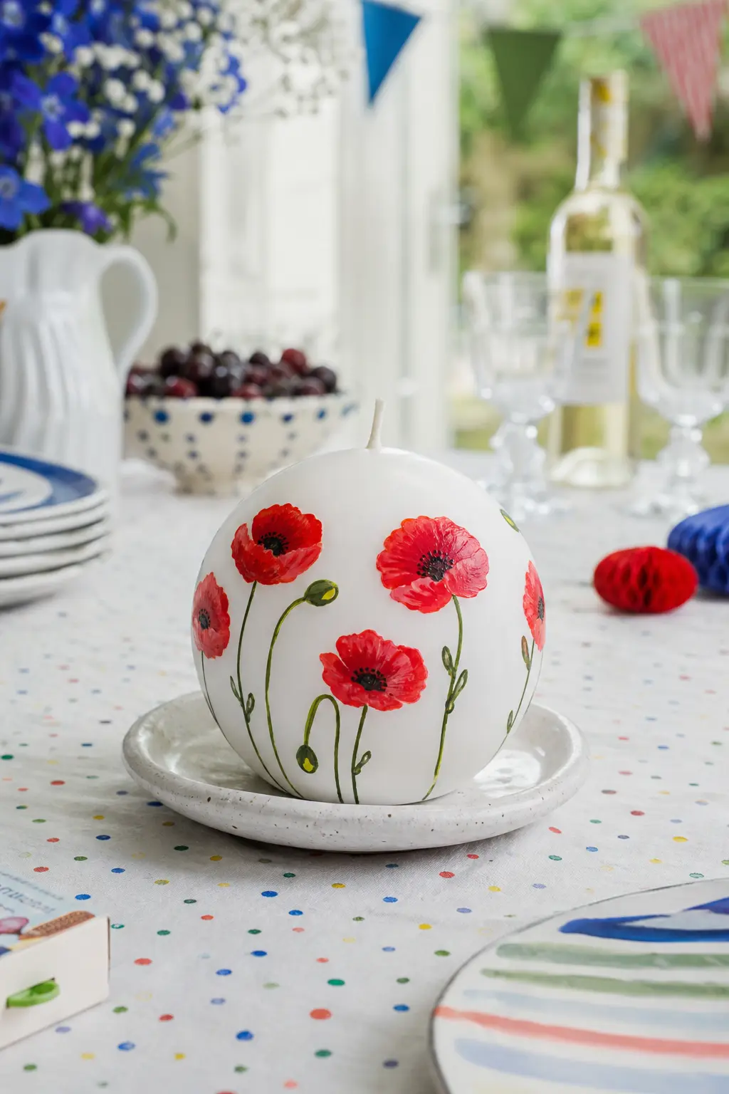 Poppy Field Ball Candle — Base candle: a round white ball candle, the curved surface actually helps here since poppy petals naturally look better slightly