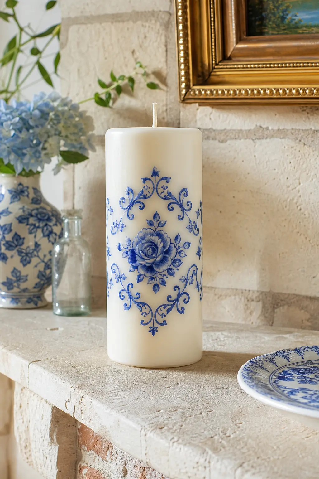 Porcelain Rose Pillar — Base candle: one ivory pillar candle. Candle painting ideas