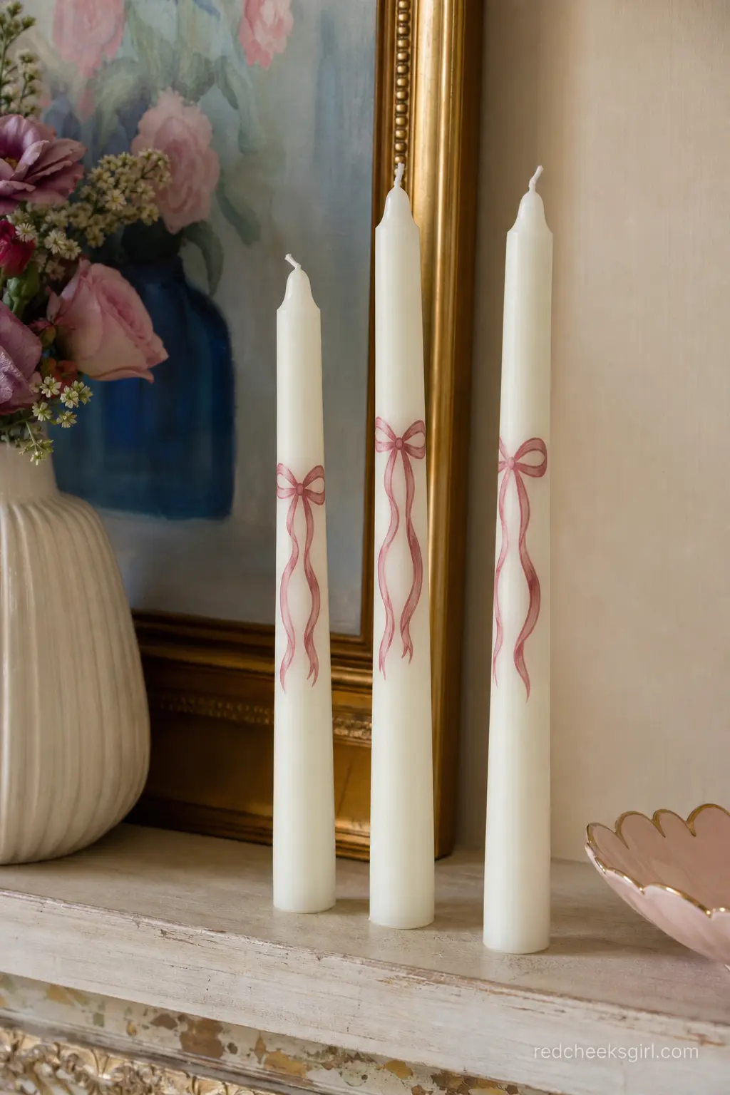Ribbon Bow Taper Set — Base candle: a set of three ivory taper candles. Candle painting ideas