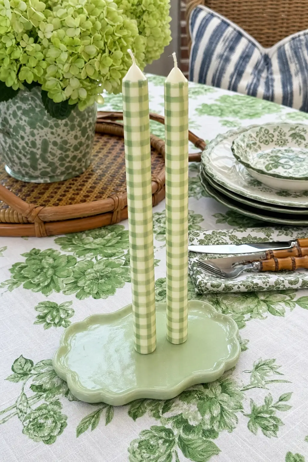 Sage Gingham Taper Pair — Base candle: two ivory taper candles. Candle painting ideas