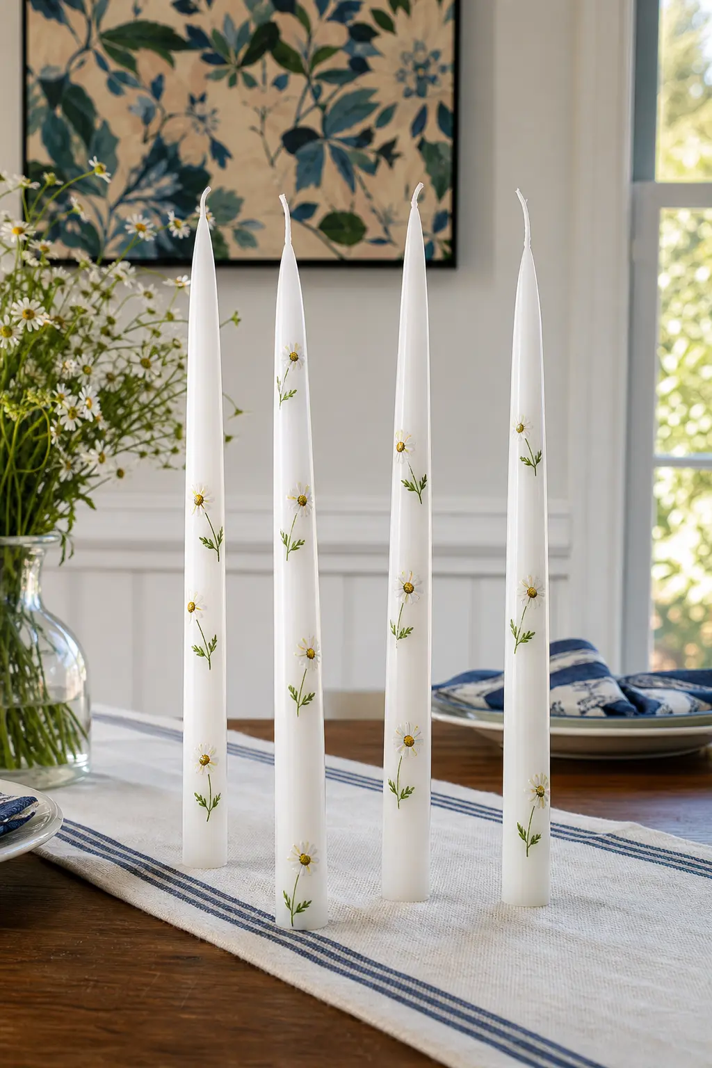Single Stem Daisy Taper Set — Base candle: a set of four slim white taper candles. Candle painting ideas